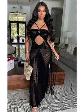 Kansoon Women’s Black Bo-Ho Crochet Fringe Maxi Cover-Up Halter Dress Size S